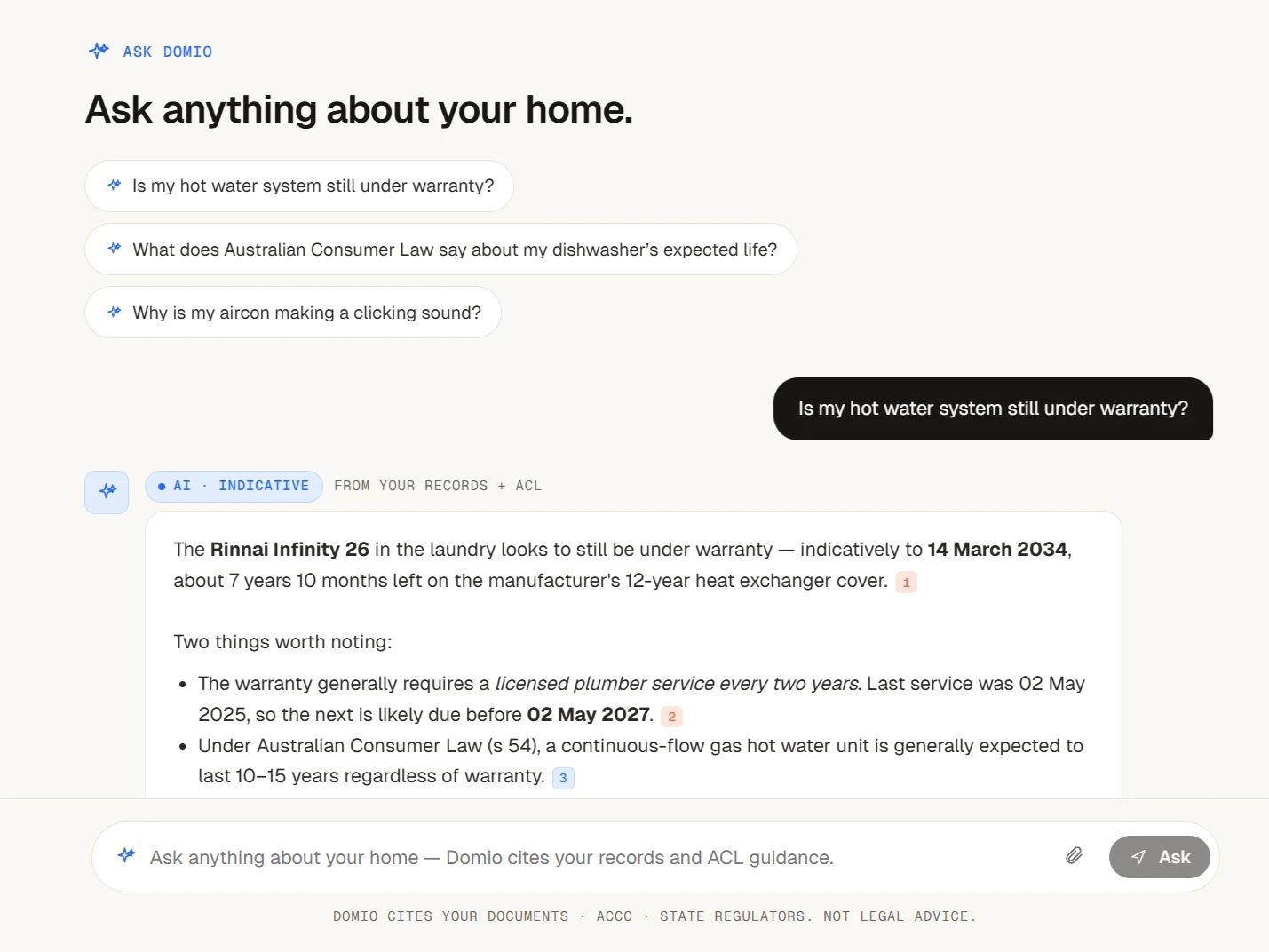 Domio app: Ask Domio answers questions about your home